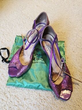 Comme Il Faut Argentine Tango Glitter Purple Peep-Toe Ankle-Strap Heels Size 39